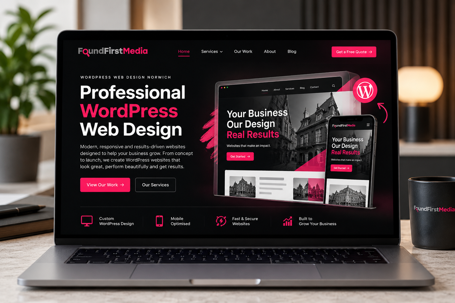 Finished WordPress website design shown on laptop and mobile screens